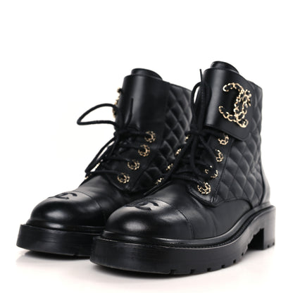 Chanel Shiny Calfskin Quilted Lace Up Combat Boots 38 Black 3 of 8