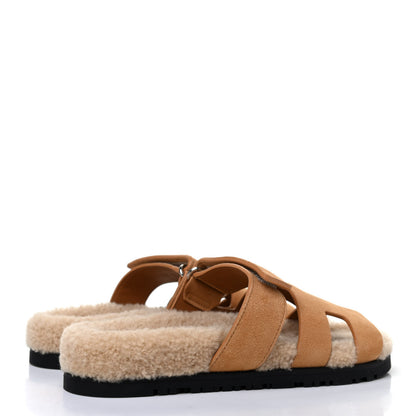 Hermes Suede Goatskin Woolskin Womens Chypre Sandals 36.5 Golden Beige 3 of 4