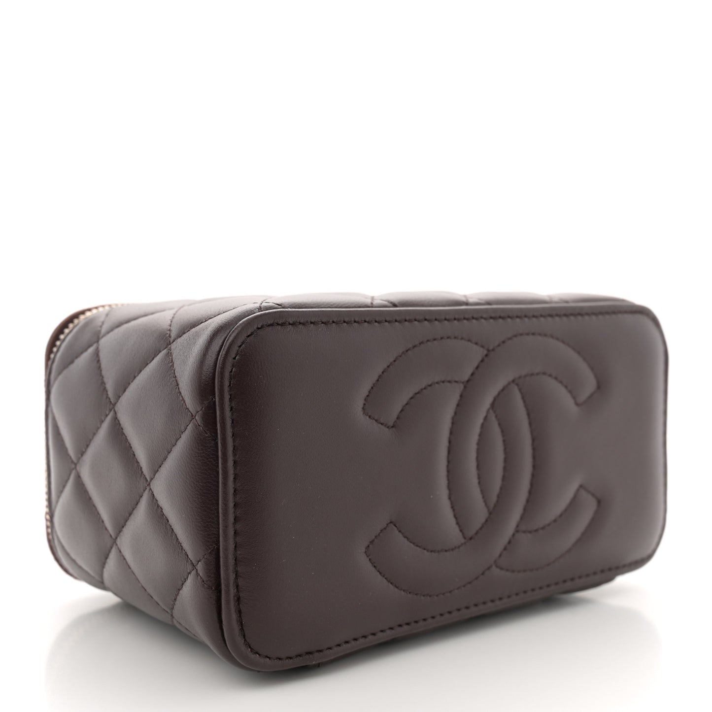 Lambskin Quilted Small Top Handle Vanity Case With Chain Dark Brown
