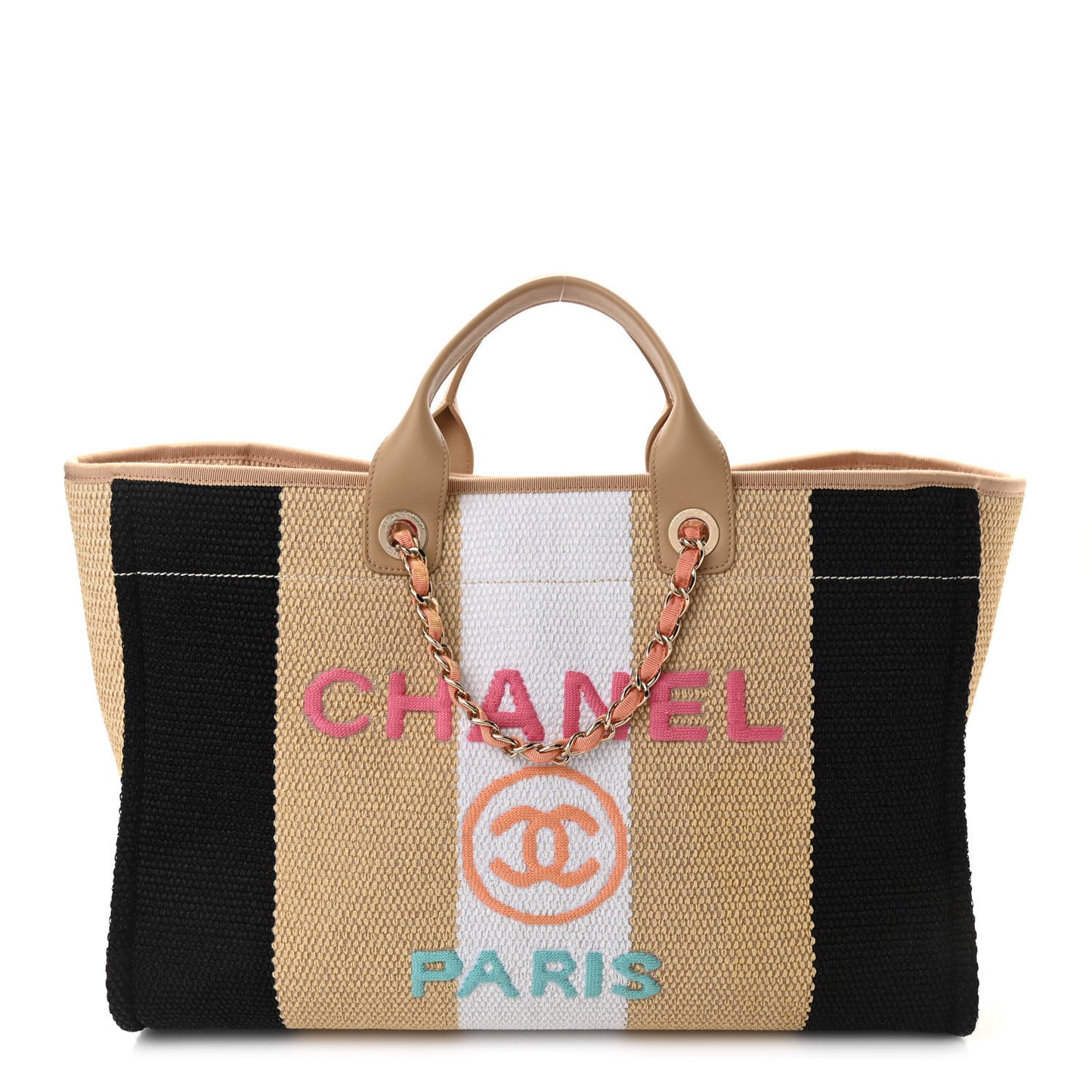 Straw Raffia Calfskin Striped Large Deauville Tote Black Beige Ivory