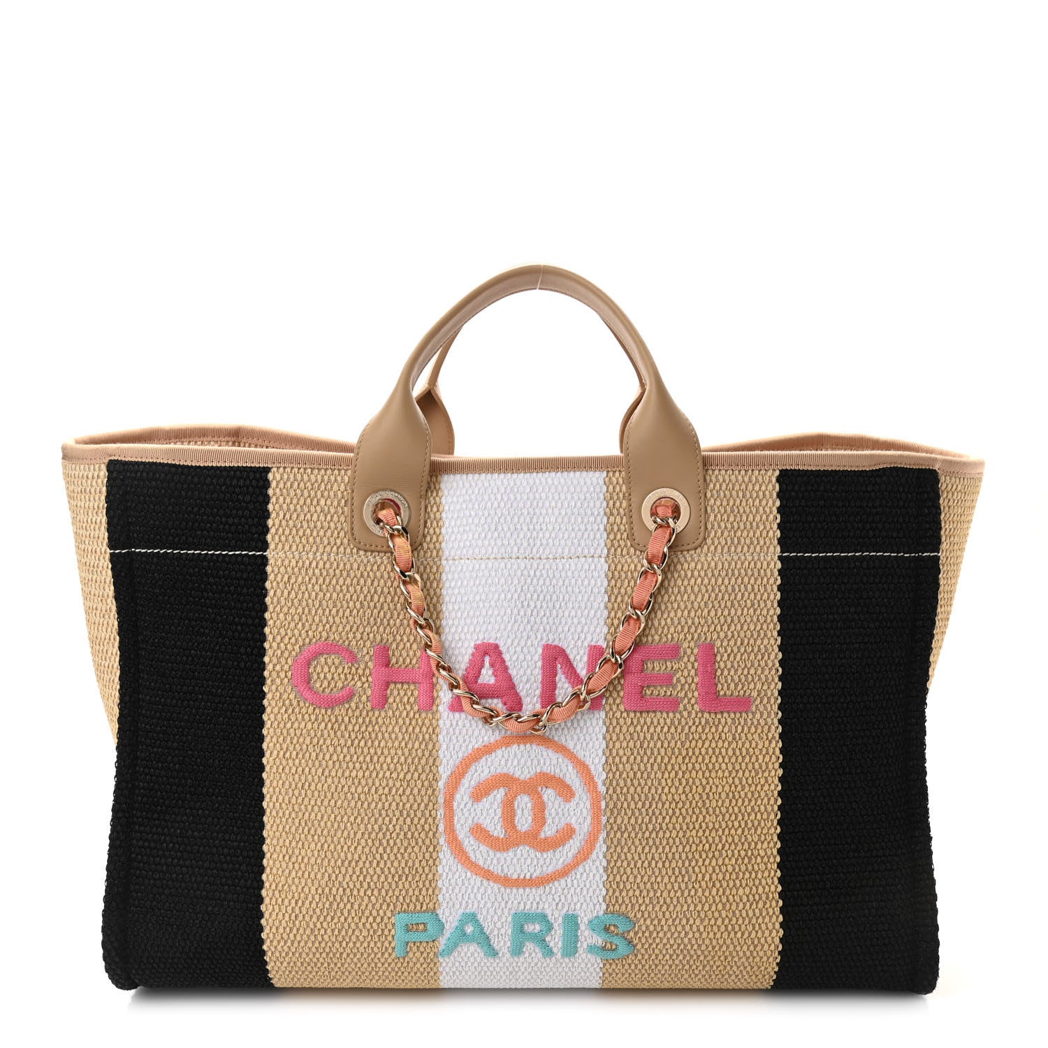 Chanel Straw Raffia Calfskin Striped Large Deauville Tote Black Beige Ivory 1 of 11