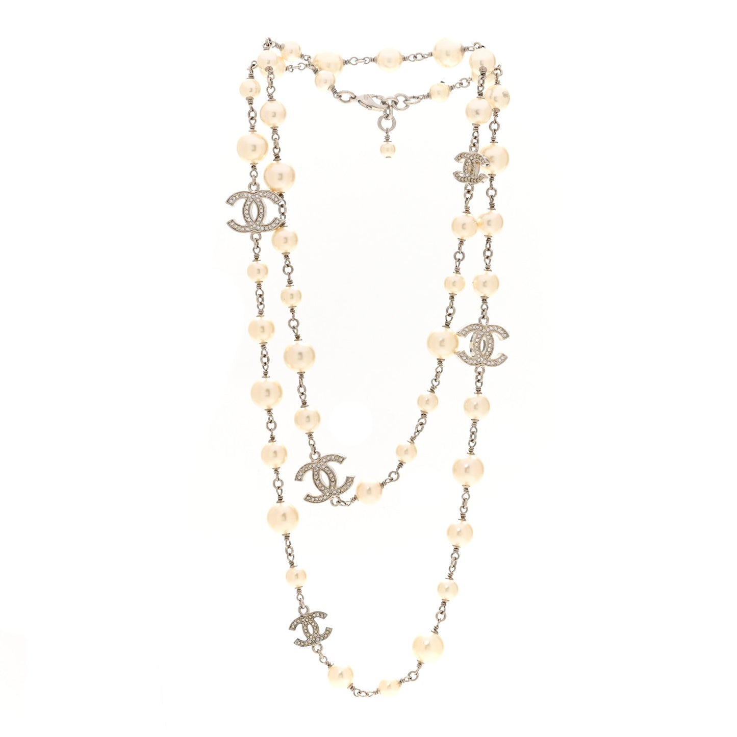 Crystal Pearl CC Long Necklace Silver
