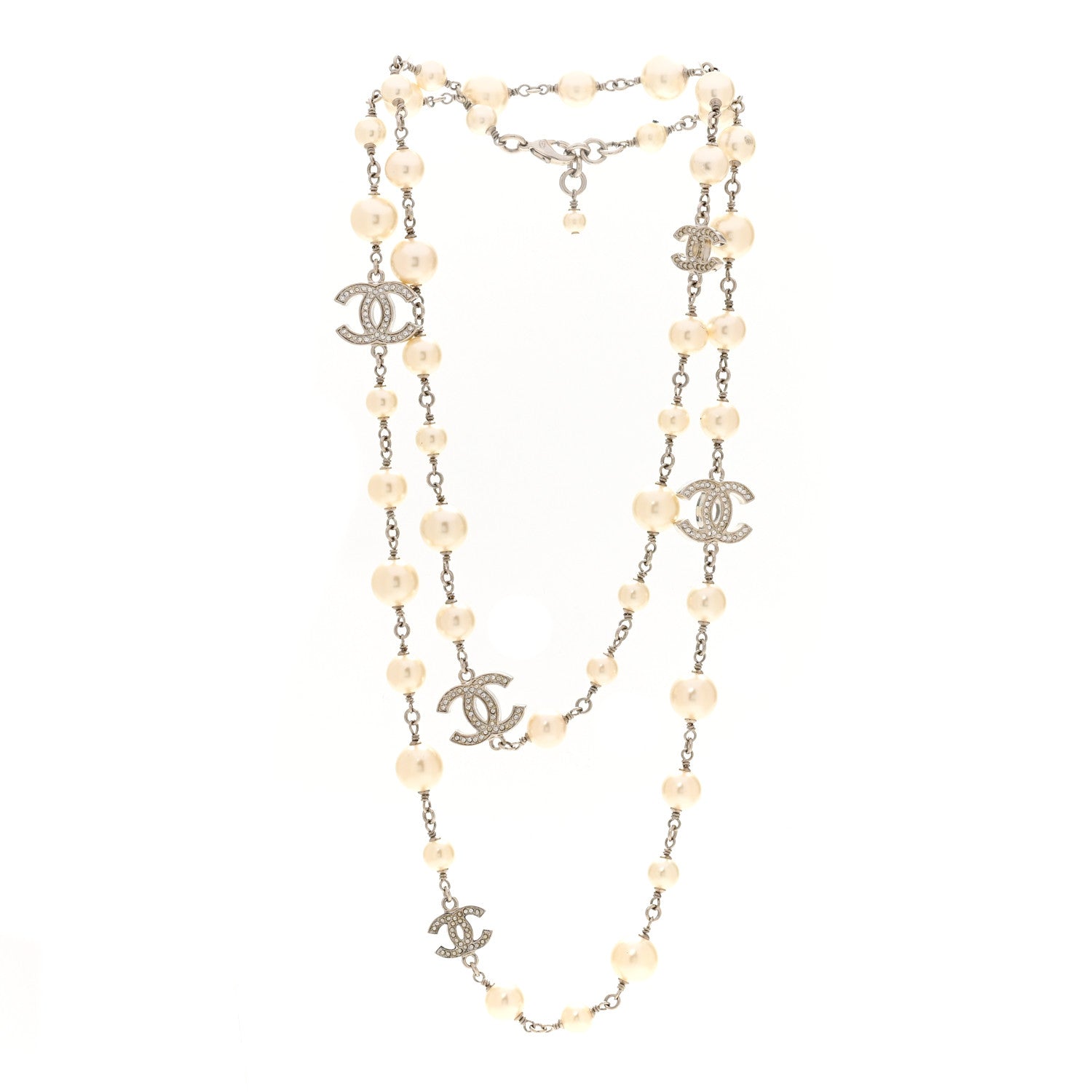Chanel Crystal Pearl CC Long Necklace Silver 3 of 6