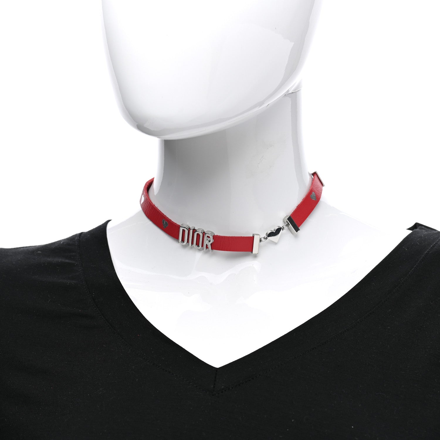 Christian Dior Calfskin Heart Dior Logo Choker Necklace Red 3 of 9