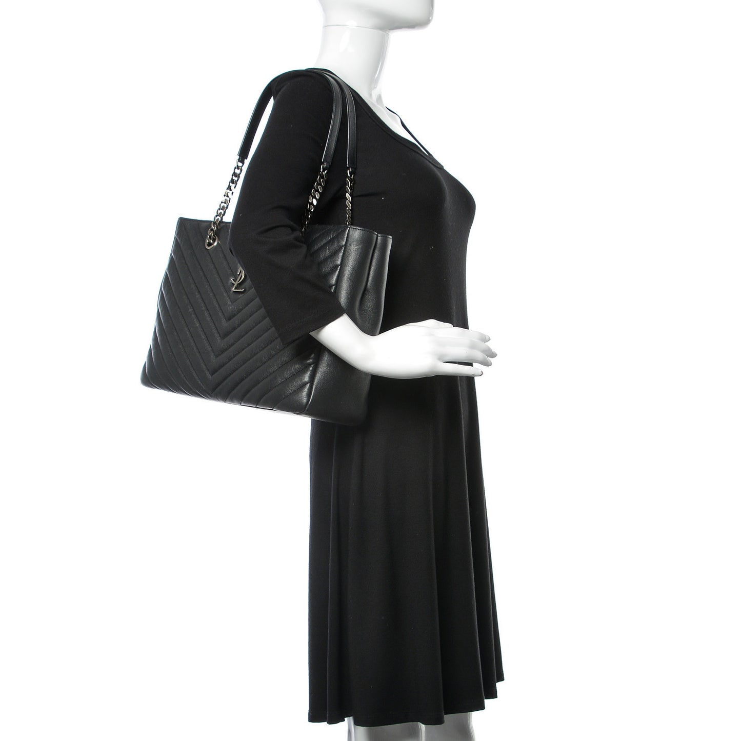 Sheepskin Matelasse Chevron Large Monogram Shopping Bag Black