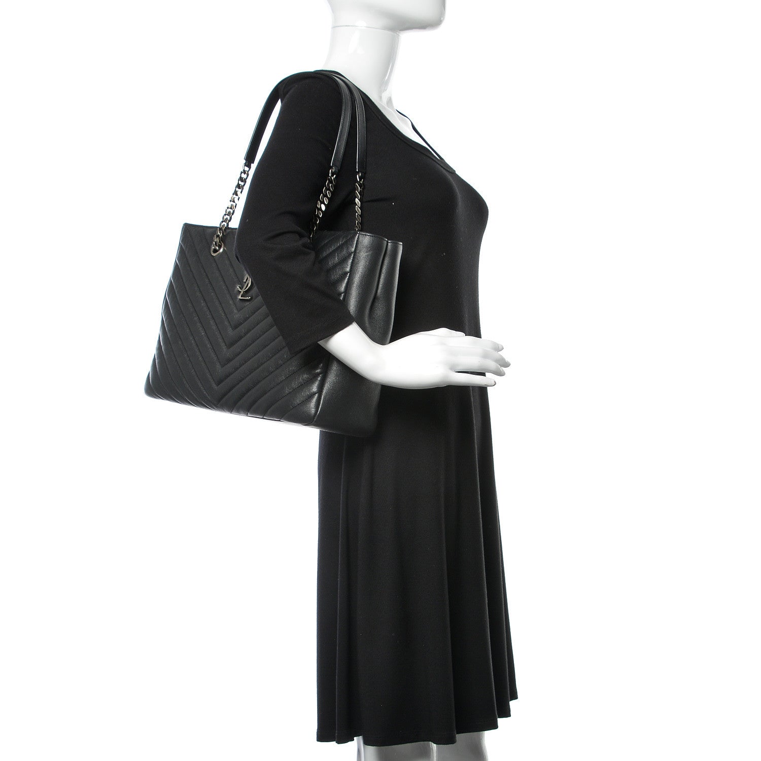 Saint Laurent Sheepskin Matelasse Chevron Large Monogram Shopping Bag Black 2 of 9