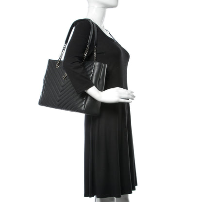Saint Laurent Sheepskin Matelasse Chevron Large Monogram Shopping Bag Black 2 of 9