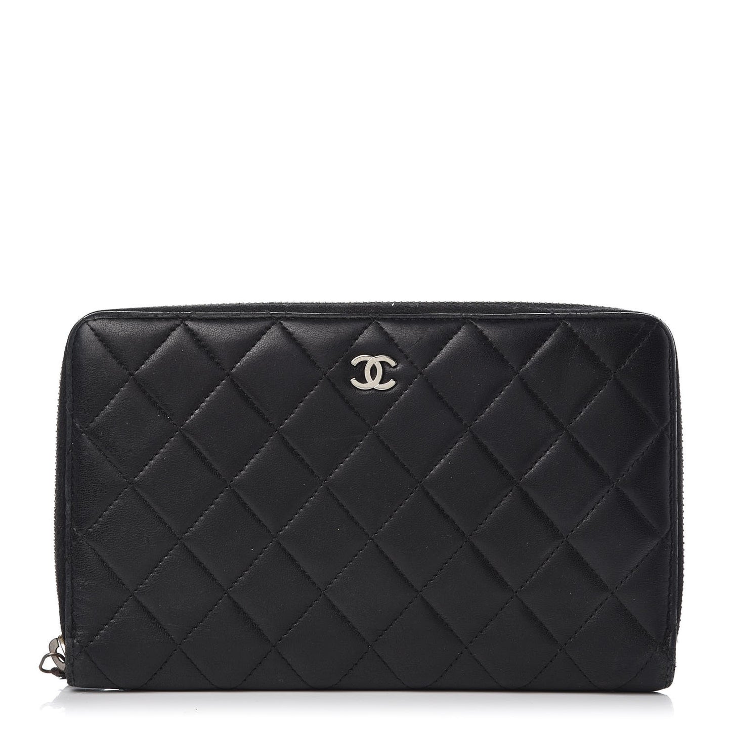 Lambskin Quilted Large Zip Around Organizer Wallet Black