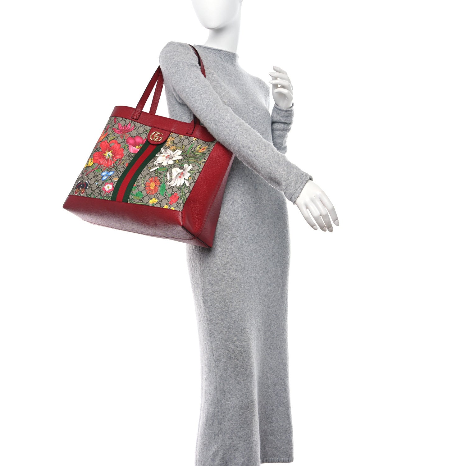 Gucci GG Supreme Monogram Flora Web Large Ophidia Tote Red 2 of 15