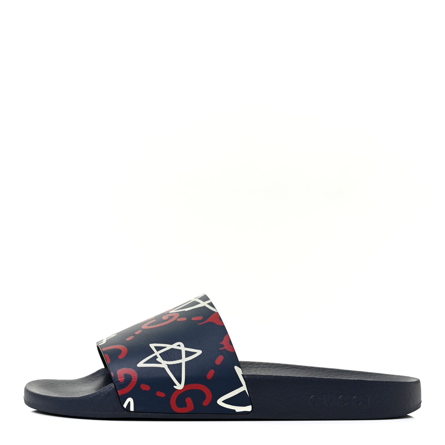 Calfskin GucciGhost Print Womens Slide Sandals 40 Blue Agata Hibiscus Red
