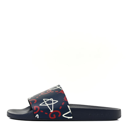 Gucci Calfskin GucciGhost Print Womens Slide Sandals 40 Blue Agata Hibiscus Red 1 of 9