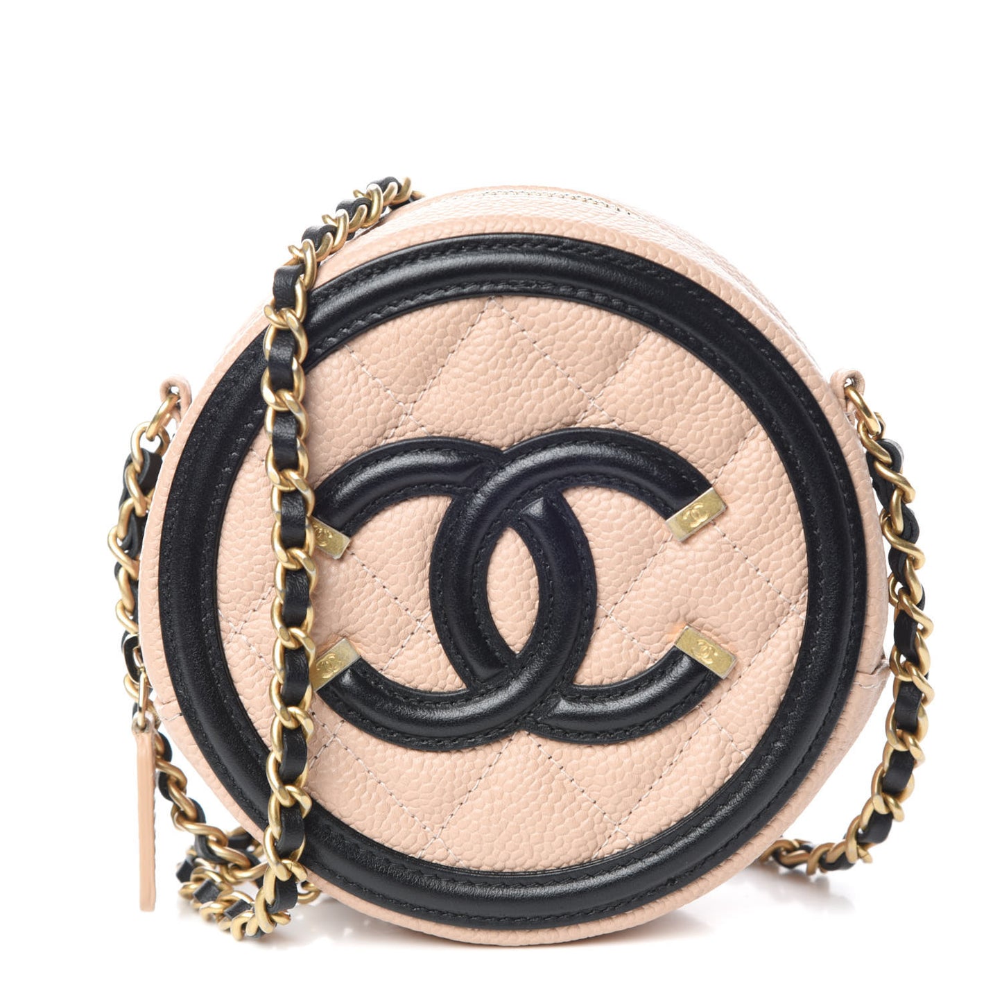 Caviar Quilted Round Filigree Crossbody Beige Black