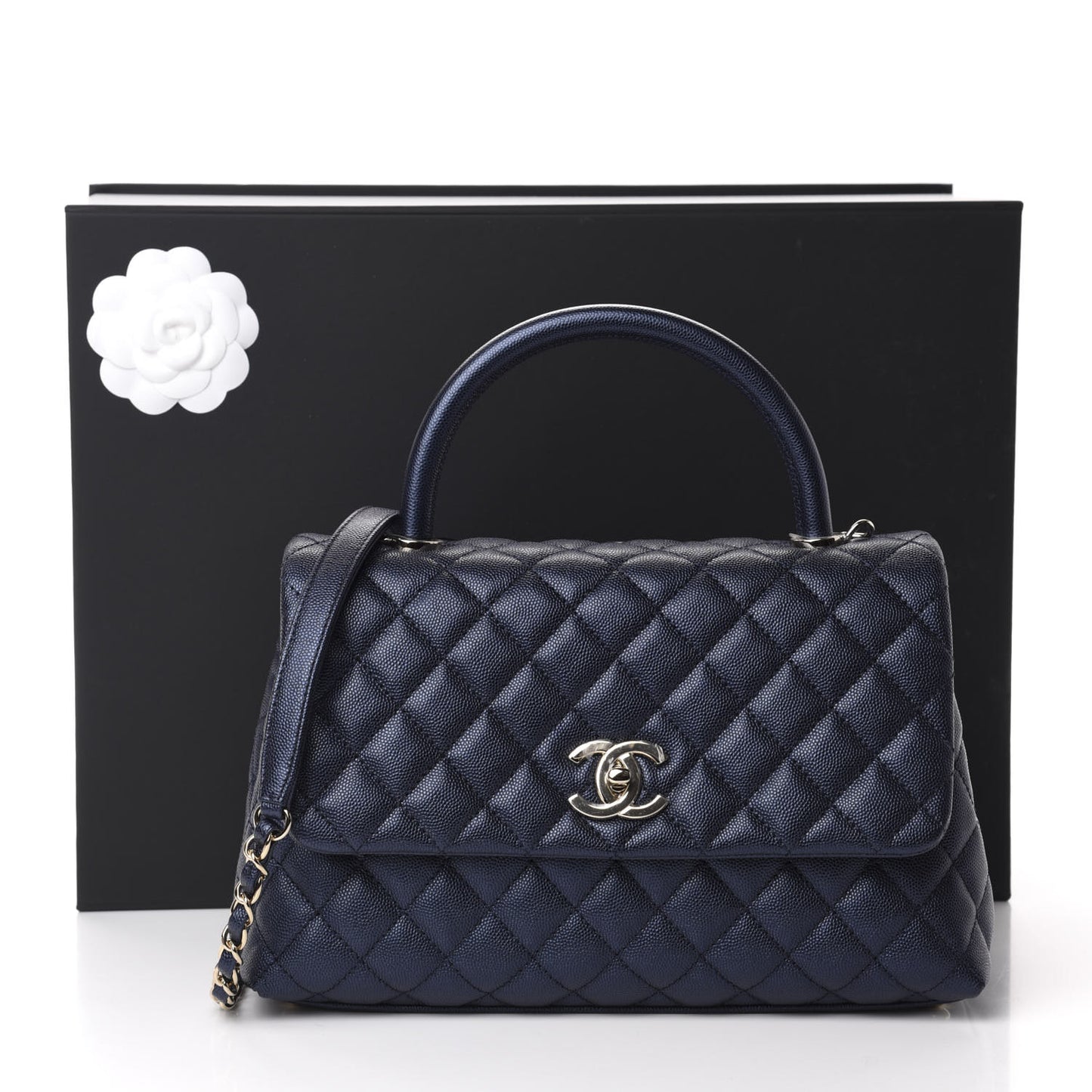 Iridescent Caviar Quilted Small Coco Handle Flap Dark Blue