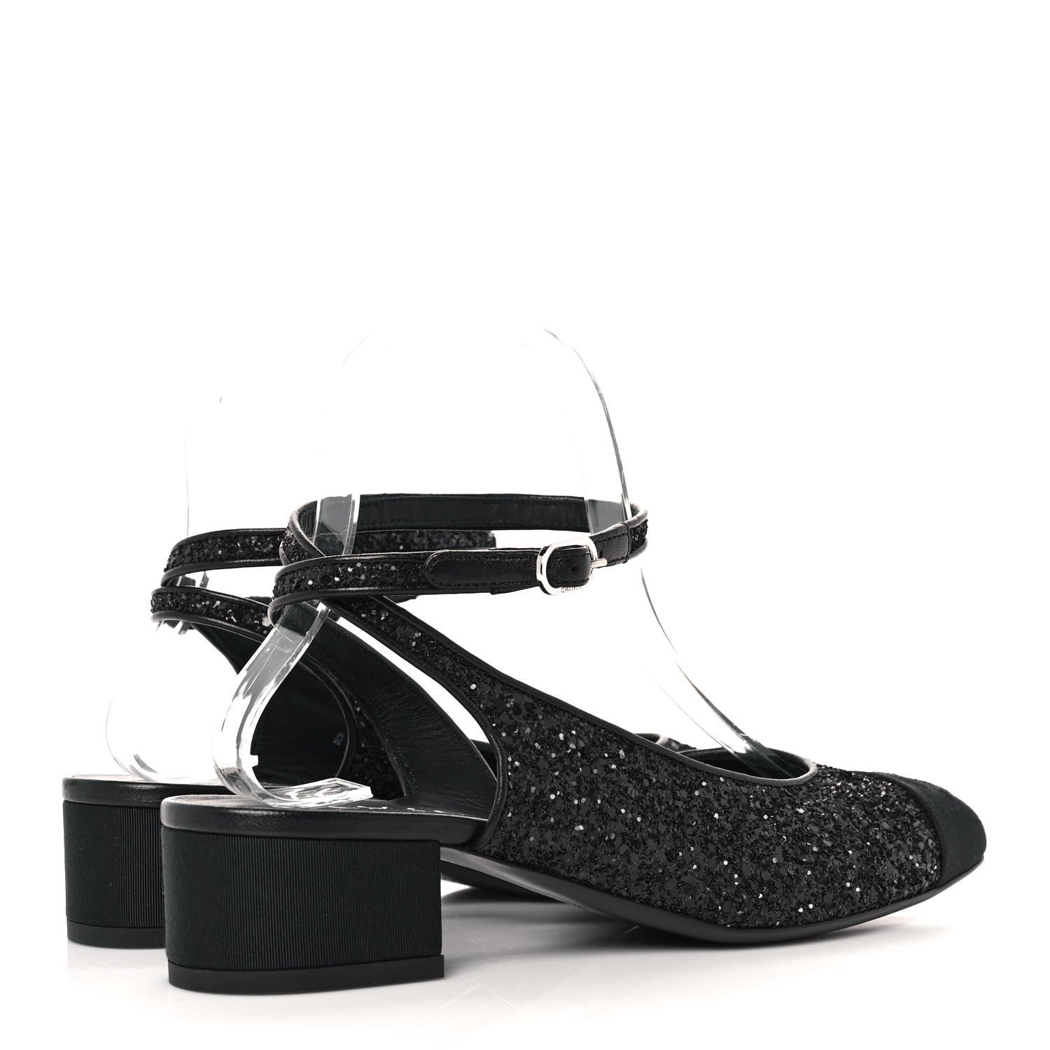 Chanel Glitter Grosgrain Cap Toe CC Ankle Wrap Pumps 37.5 Black 4 of 9