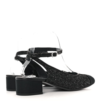 Chanel Glitter Grosgrain Cap Toe CC Ankle Wrap Pumps 37.5 Black 4 of 9