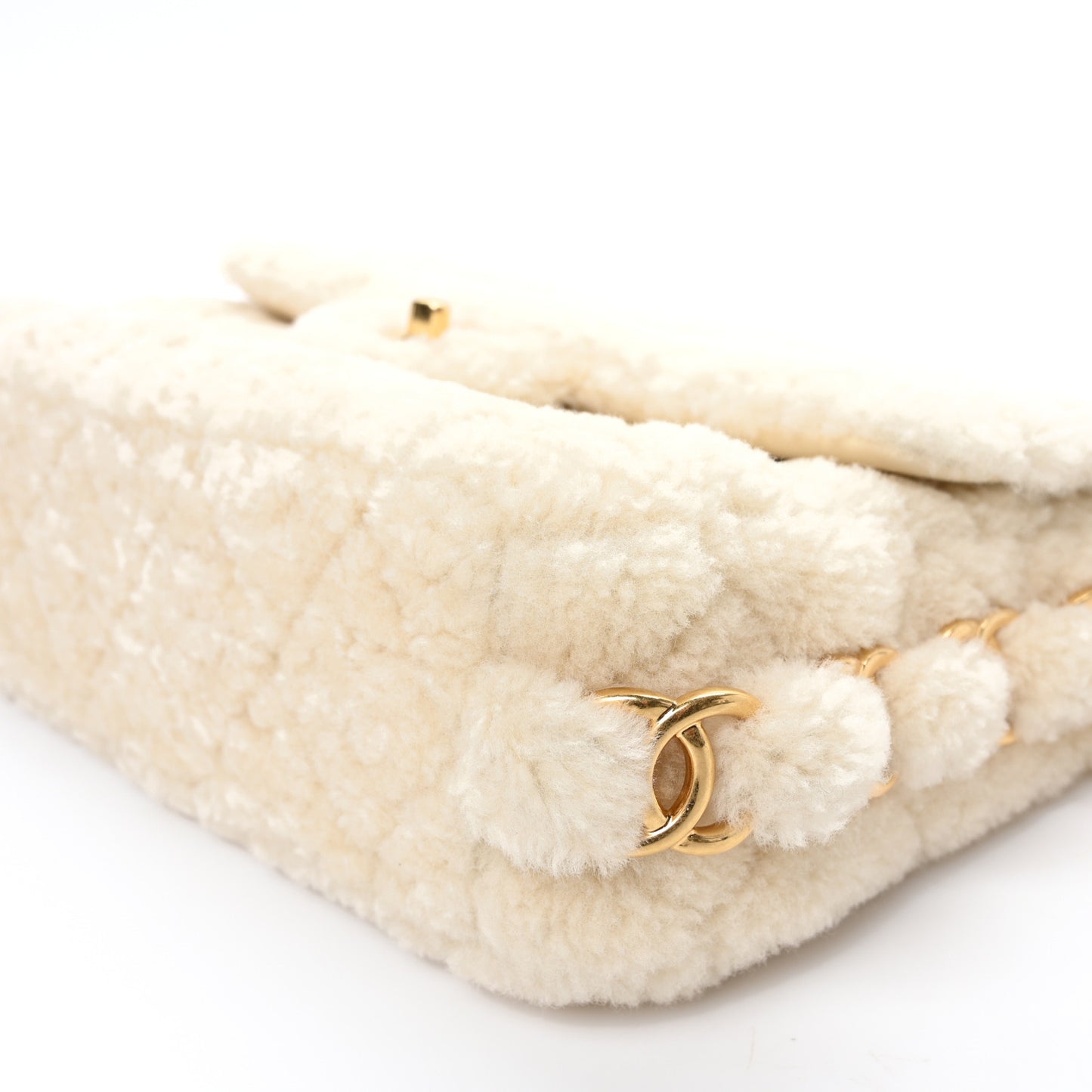 Shearling Lambskin Quilted CC Chain Medium Flap Ecru