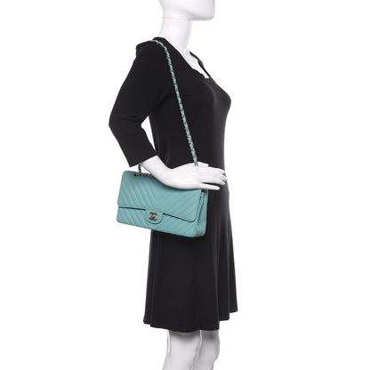 Chanel Caviar Flat Chevron Quilted Medium Double Flap Green 2 of 10