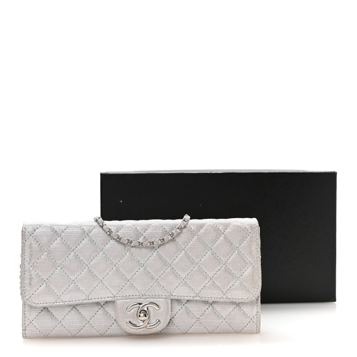 Metallic Suede Quilted East West Flap Clutch Silver