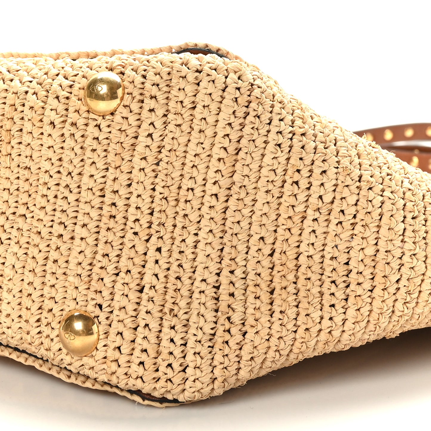 Raffia Calfskin Rockstud Tote Naturale Saddle Brown