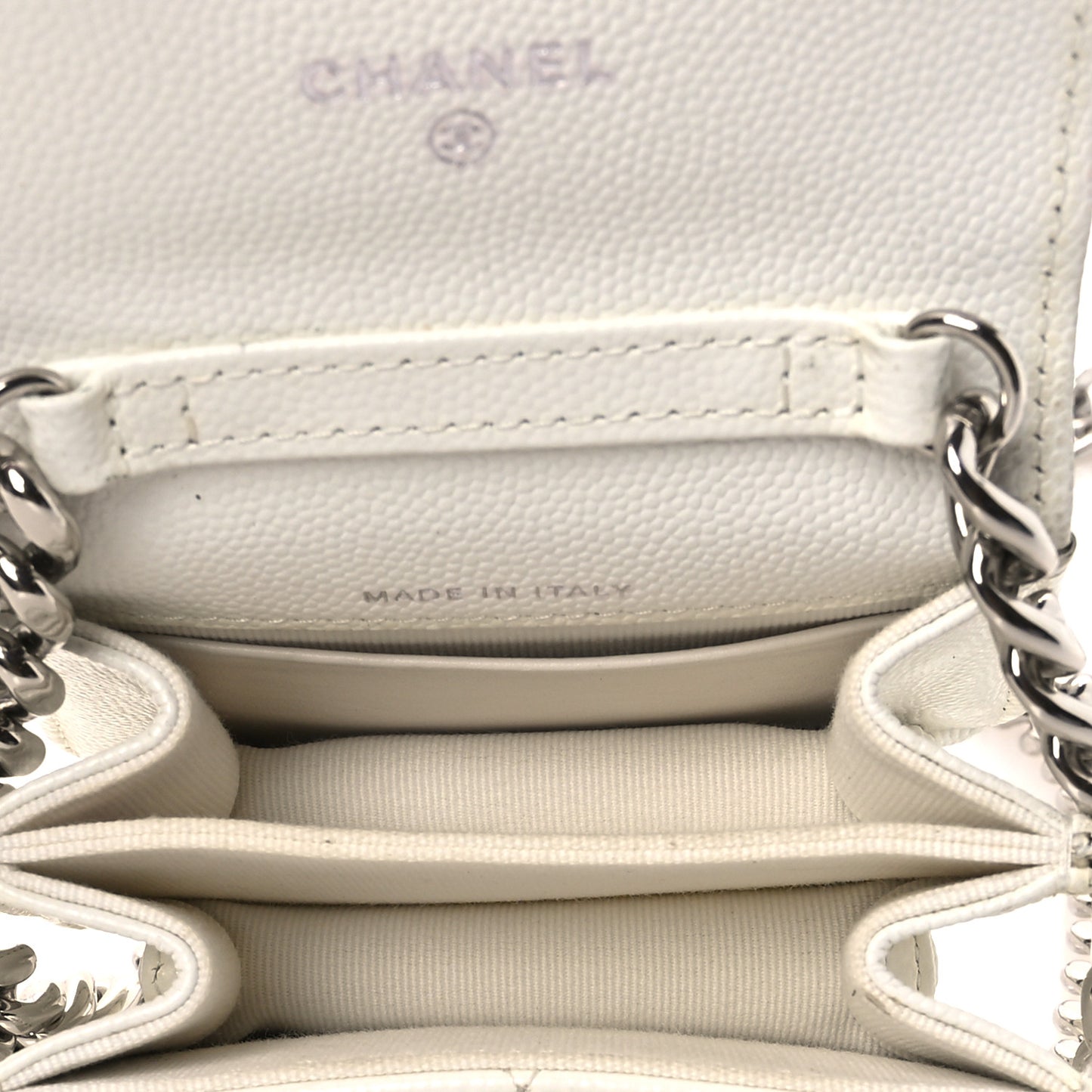 Caviar Quilted Enamel Coco Clutch With Chain White