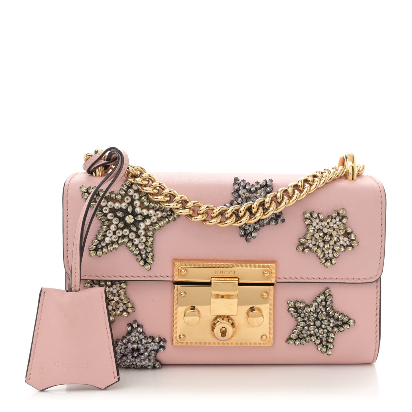 Calfskin Crystal Star Embroidered Small Padlock Shoulder Bag Perfect Pink Multicolor
