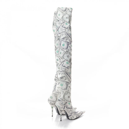 Balenciaga Spandex Dollars Print Pointed Toe Knife Thigh High Boots 36.5 Green 4 of 7