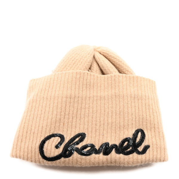 Chanel Cashmere Logo Beanie Hat Beige Black 1767392 – FASHIONPHILE
