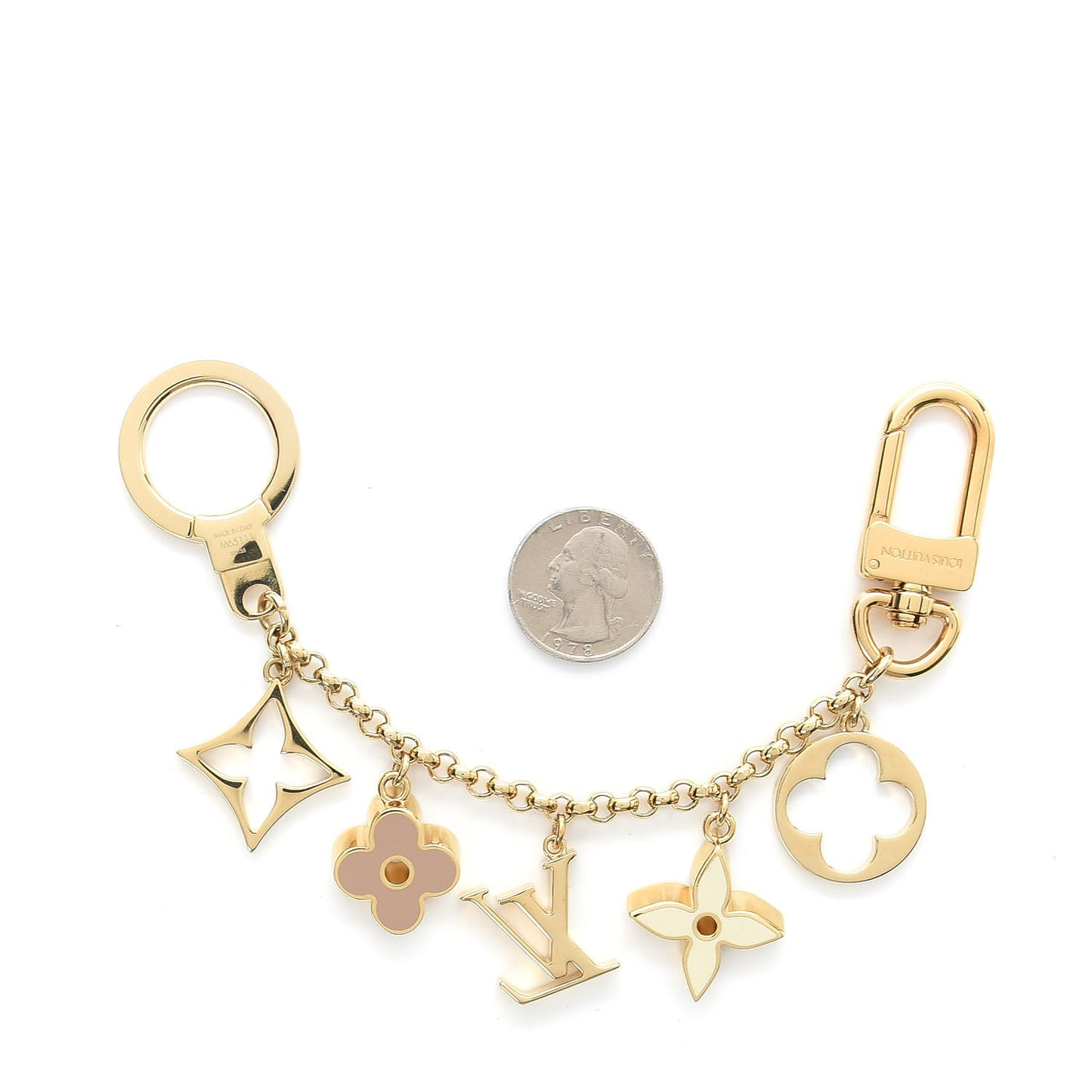 Brass Enamel Fleur De Monogram Bag Charm Chain Gold