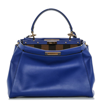 Fendi Vitello Morgan Fabric Jacquard Pequin Medium Peekaboo Iconic Satchel Blue Neon Tobacco 1 of 6