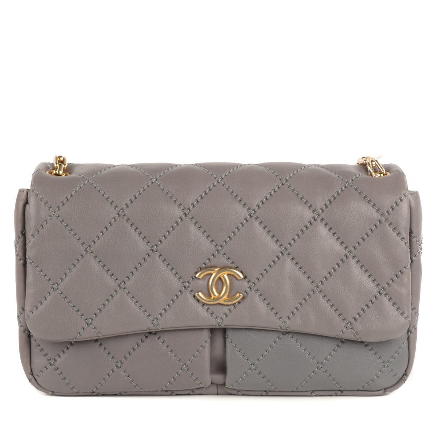 Calfskin Quilted Large Retro Chain Flap Grey