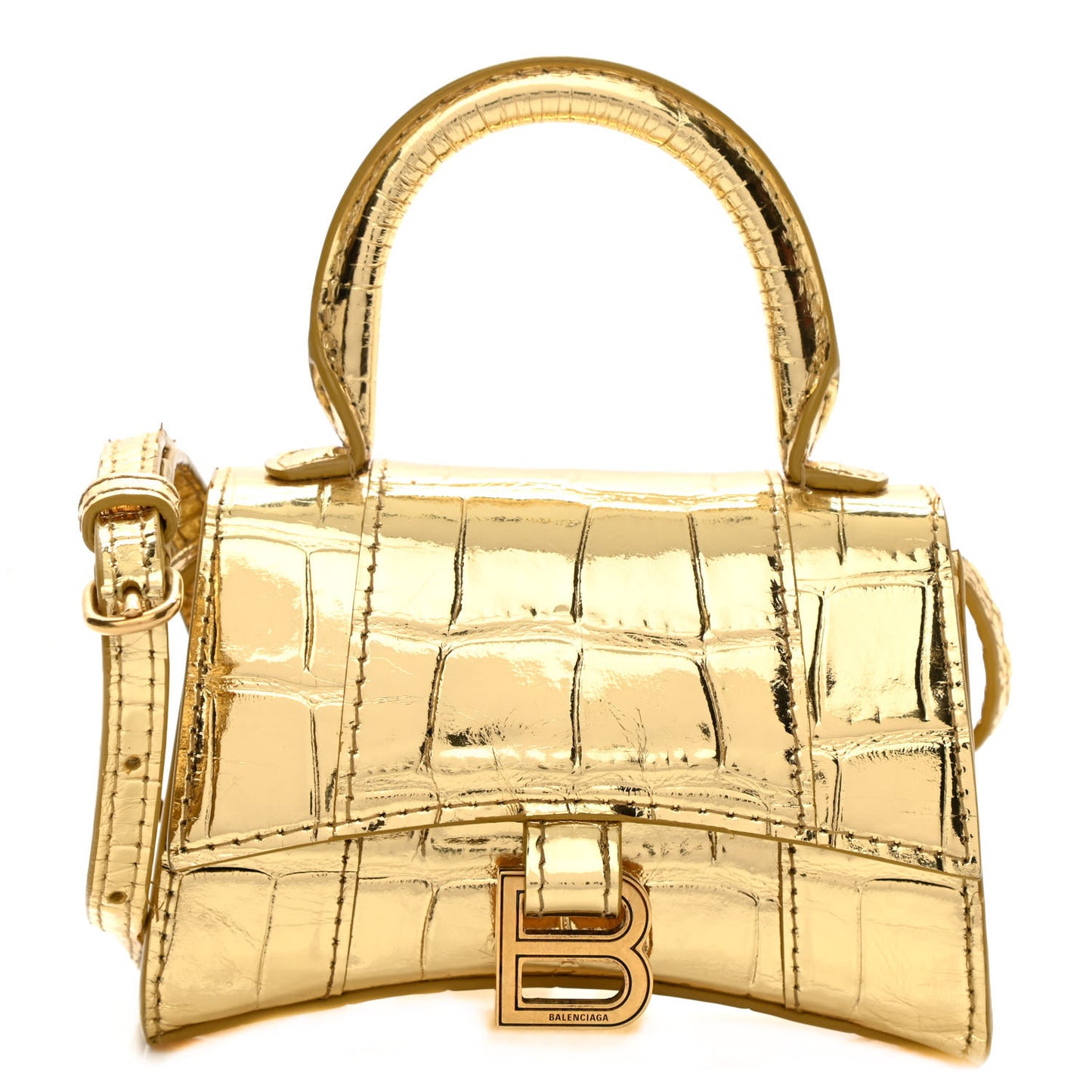 Metallic Calfskin Crocodile Embossed Hourglass Top Handle Bag Mini Gold