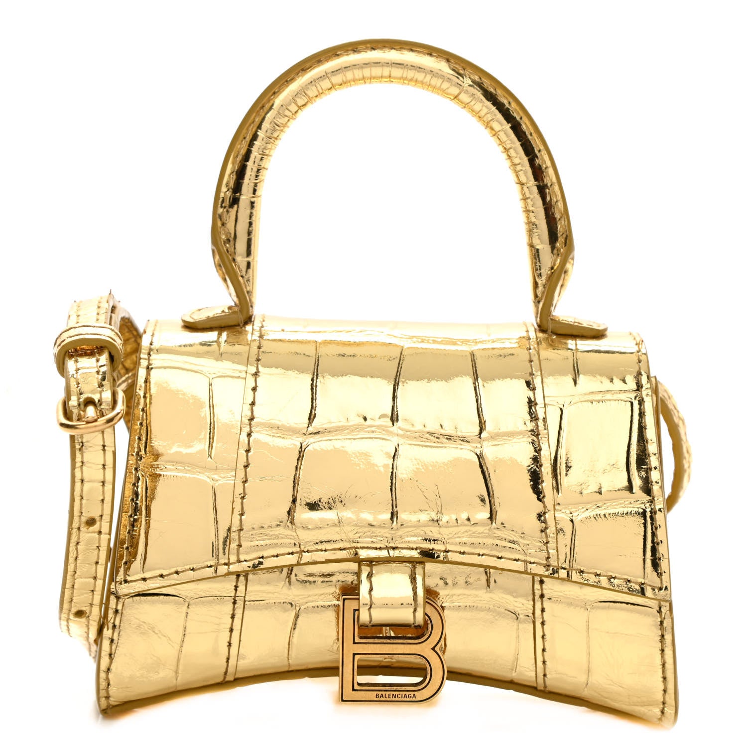 Balenciaga Metallic Calfskin Crocodile Embossed Hourglass Top Handle Bag Mini Gold 1 of 10