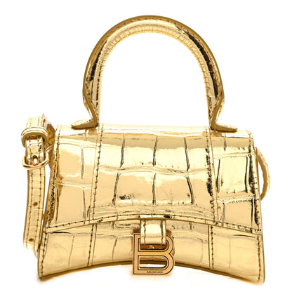 Balenciaga Metallic Calfskin Crocodile Embossed Hourglass Top Handle Bag Mini Gold 1 of 10