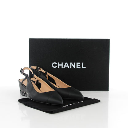 Chanel Lambskin Chain CC Cap Toe Slingback Wedge Sandals 35 Black 5 of 9