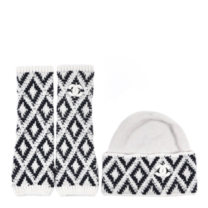 Chanel Cashmere Blend CC Beanie Hat With Gloves Set White Navy Blue 1 of 9