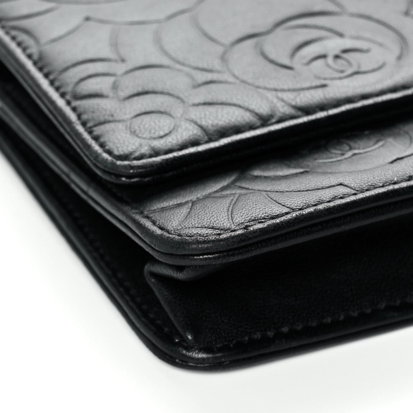 Lambskin Camellia Embossed Wallet on Chain WOC Black