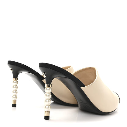 Chanel Goatskin Grosgrain Cap Toe Pearl Mule 39 Beige Black 5 of 9