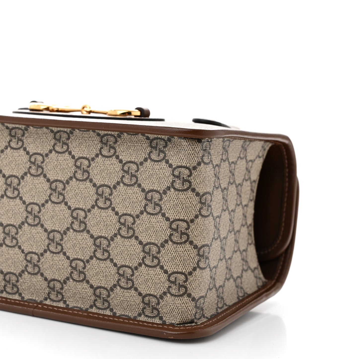 GG Supreme Monogram Azalea Calfskin Mini Horsebit 1955 Foldover Top Handle Bag Beige Ebony Brown Sugar