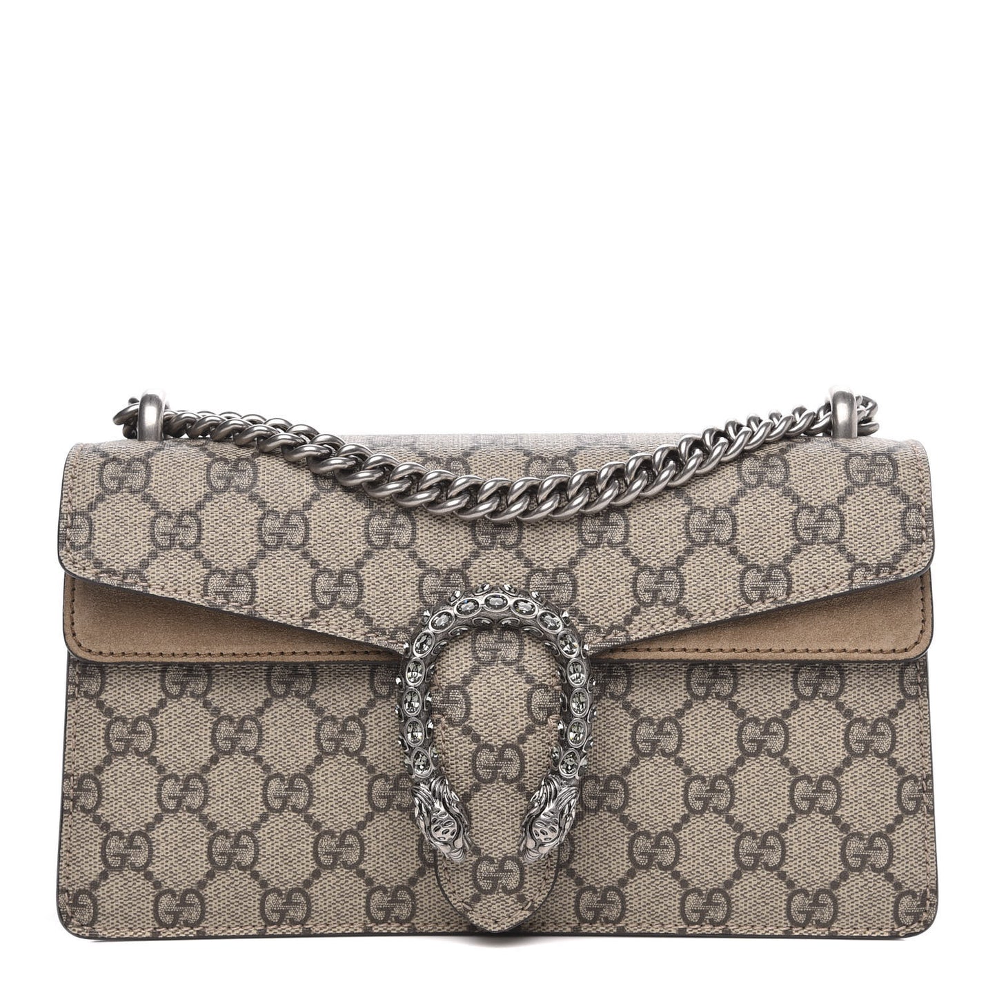 GG Supreme Monogram Suede Crystal Small Dionysus Shoulder Bag Beige Ebony Taupe