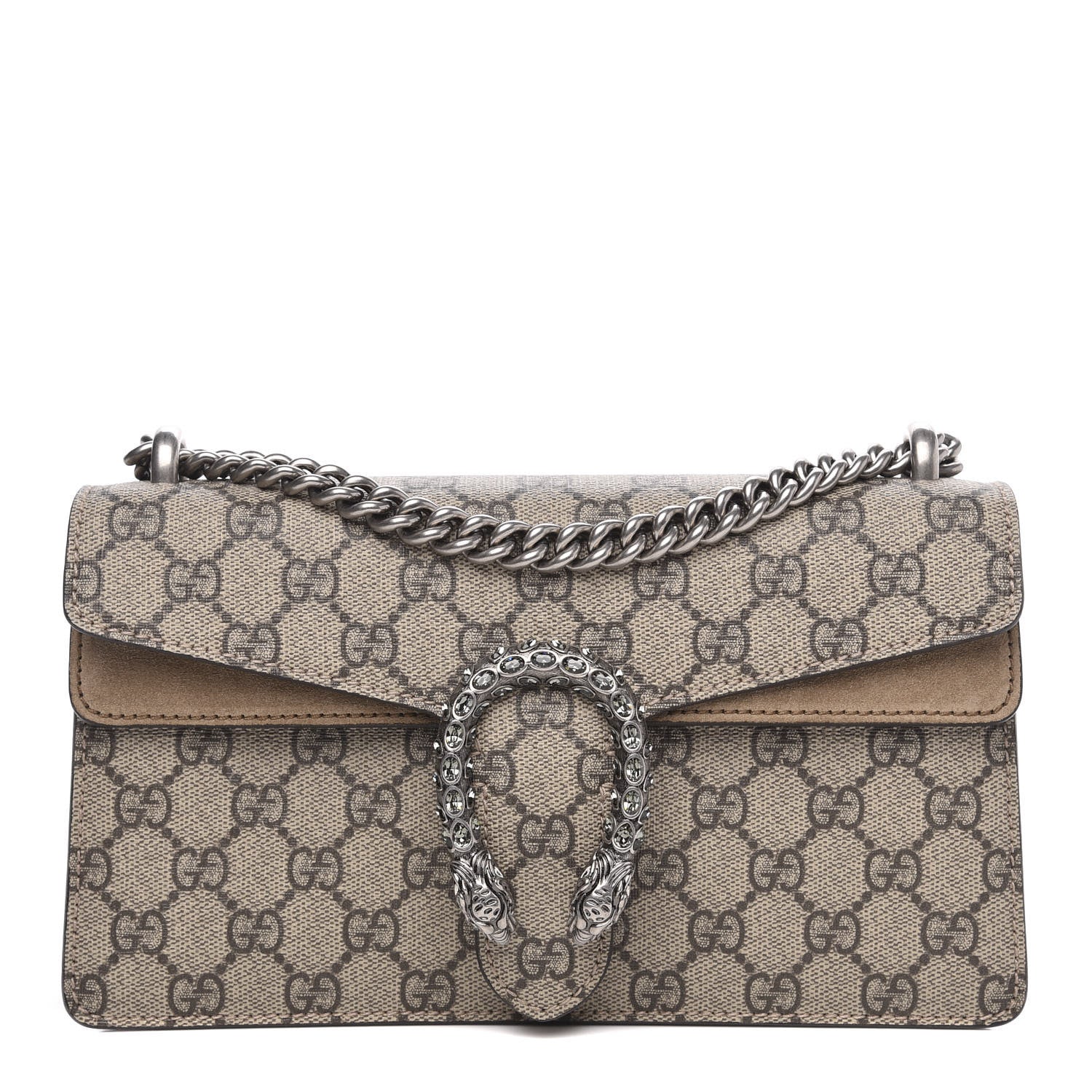 Gucci GG Supreme Monogram Suede Crystal Small Dionysus Shoulder Bag Beige Ebony Taupe 1 of 10