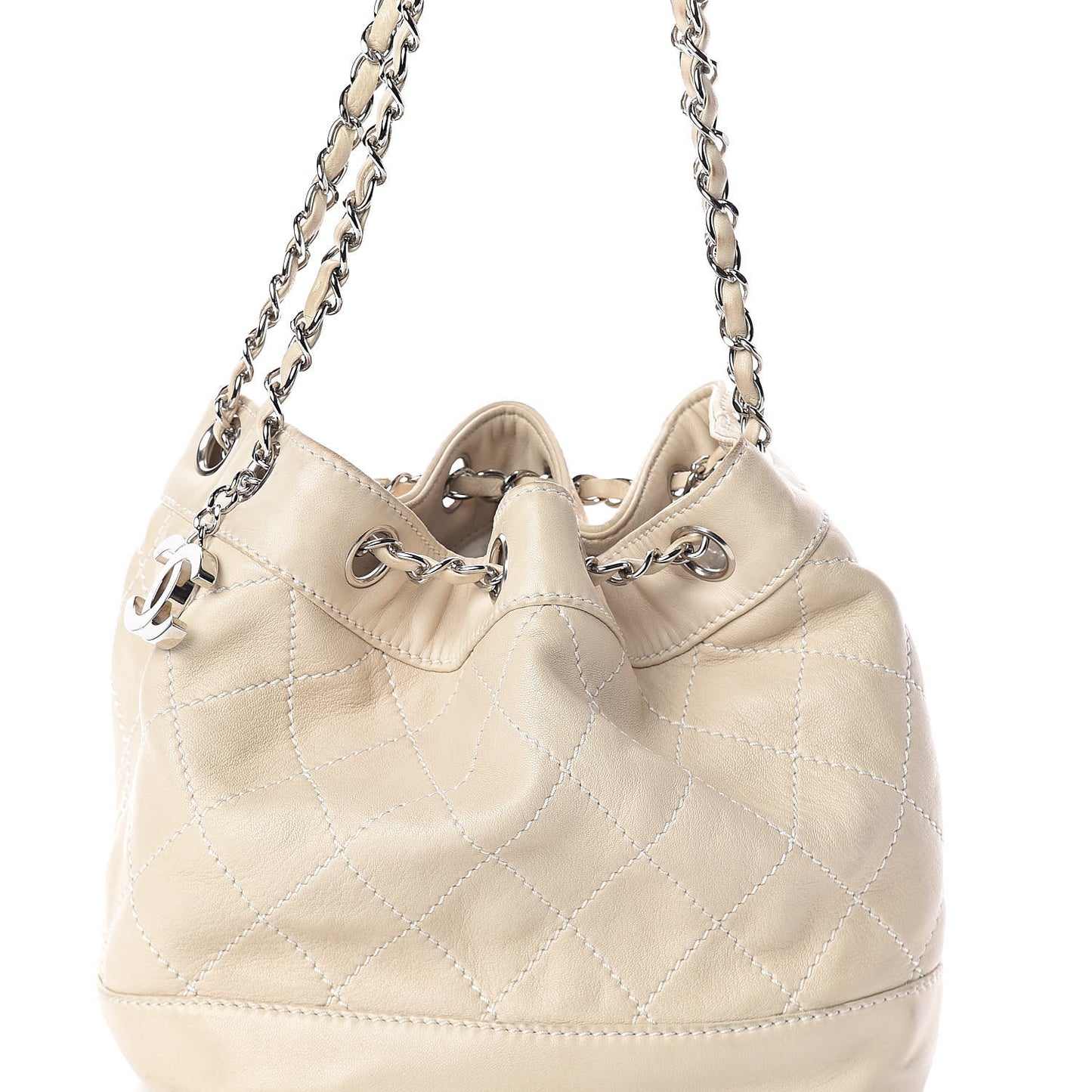 Lambskin Contrast Stitch Small Drawstring Tote Ivory
