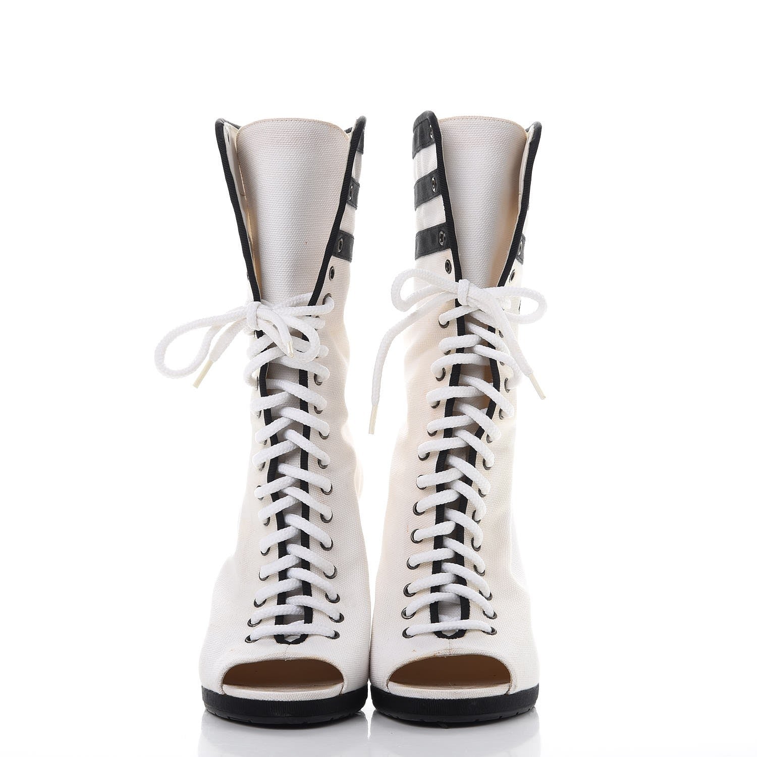 Chanel Canvas Lace Up Wedge Boots 37.5 White Black 2 of 18