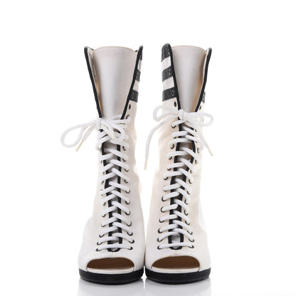 Chanel Canvas Lace Up Wedge Boots 37.5 White Black 2 of 18