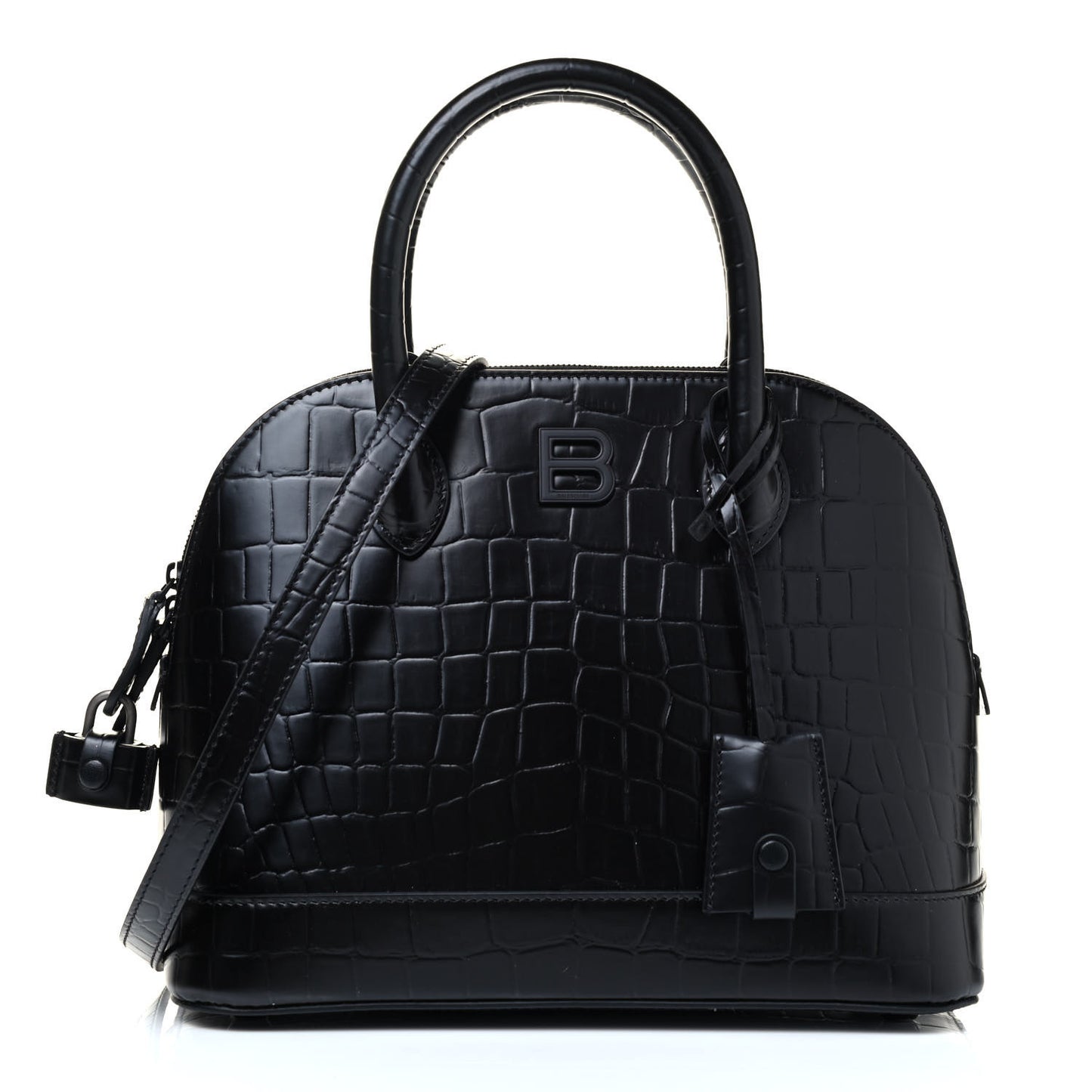Calfskin Crocodile Embossed S Rivet Ville Top Handle Bag Black