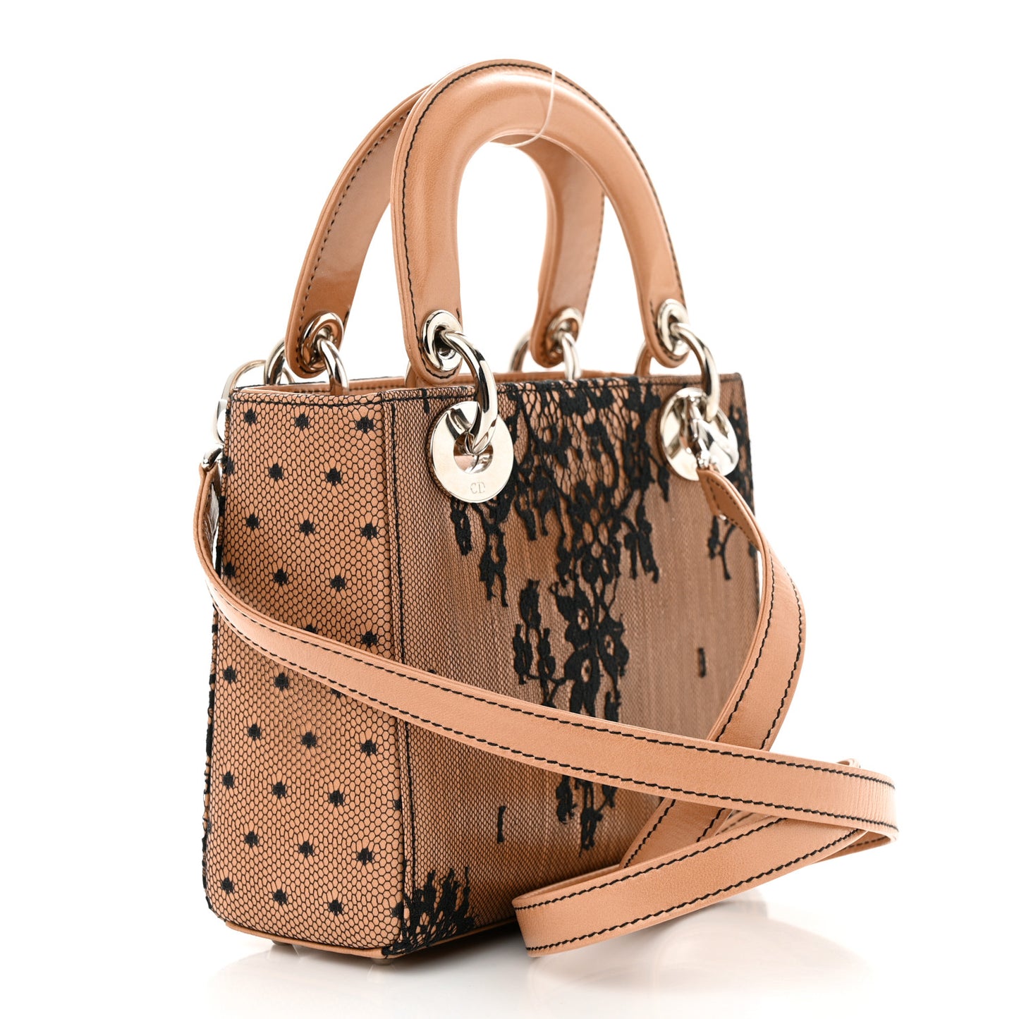 CHRISTIAN DIOR Lace Lambskin Mini Lady Dior Beige Black