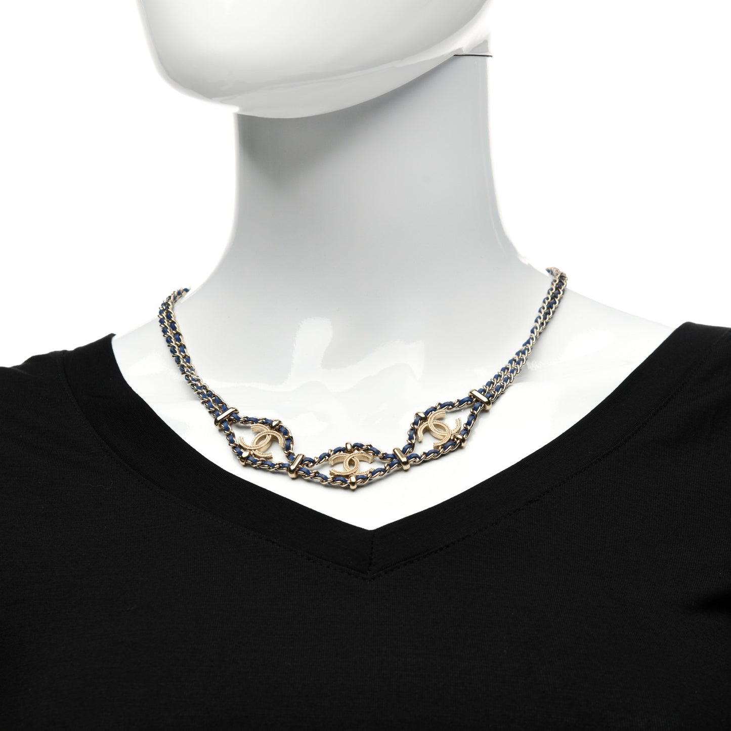 Metal Lambskin CC Chain Link Necklace Gold Blue