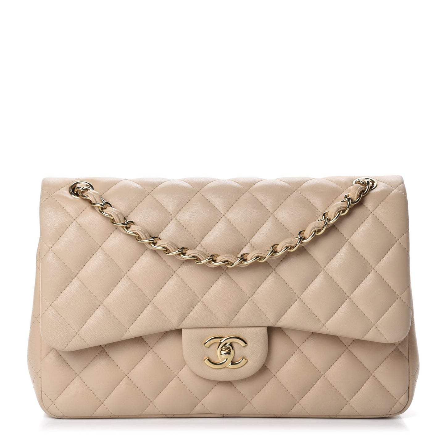 Lambskin Quilted Jumbo Double Flap Beige