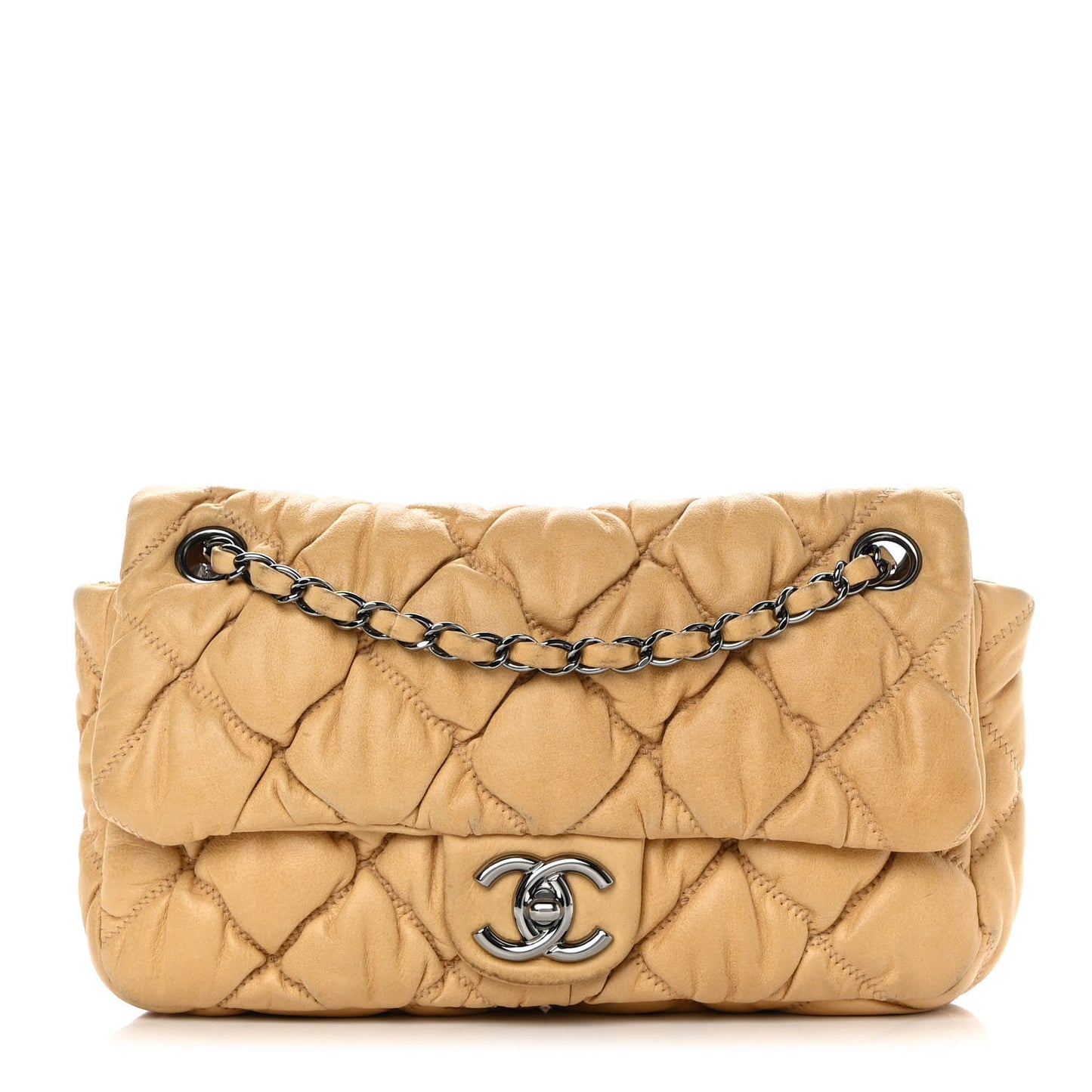 Calfskin Quilted Medium Bubble Quilt Flap Bag Beige