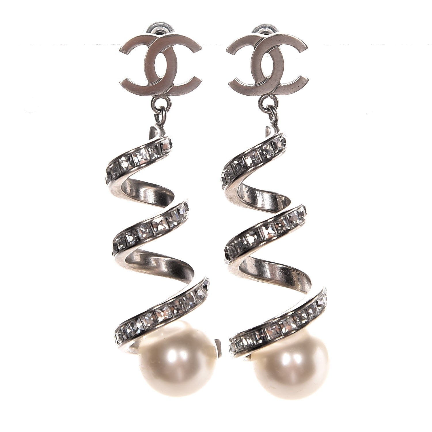 Chanel Baguette Crystal Pearl CC Drop Earrings Silver 1 of 3
