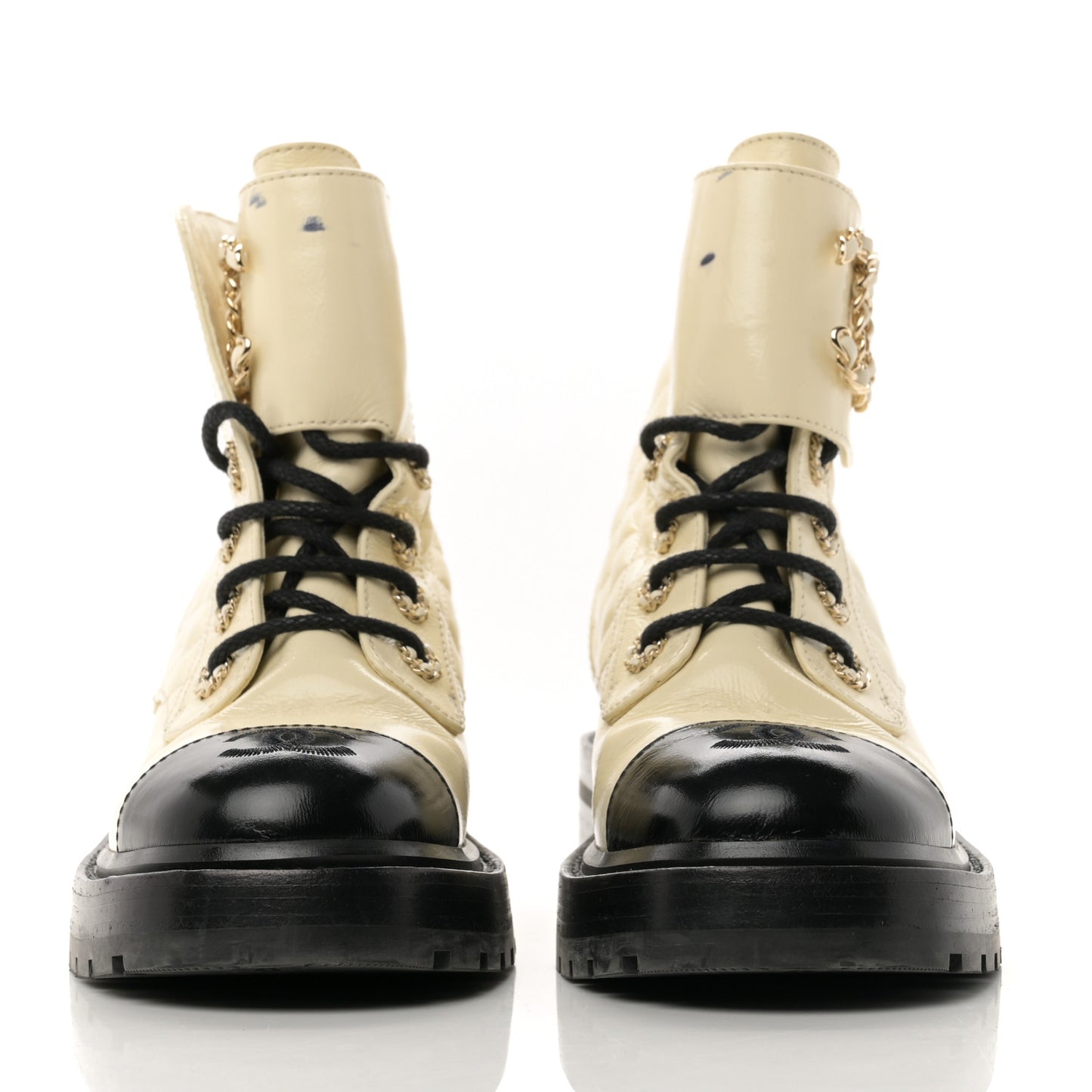 Shiny Goatskin Calfskin Quilted Lace Up Combat Boots 36 Ivory Black